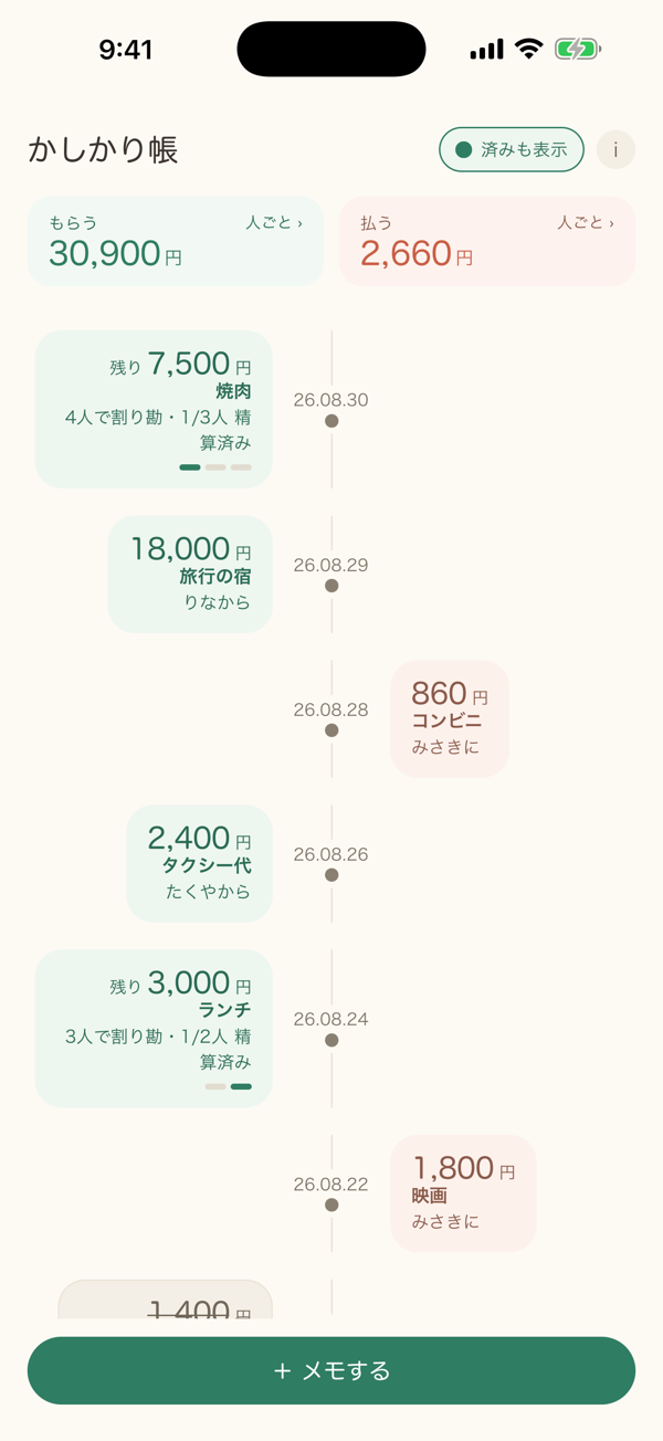 もらう・払うの合計と、日付ごとに並んだメモの一覧